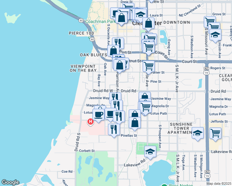 map of restaurants, bars, coffee shops, grocery stores, and more near 800 South Fort Harrison Avenue in Clearwater