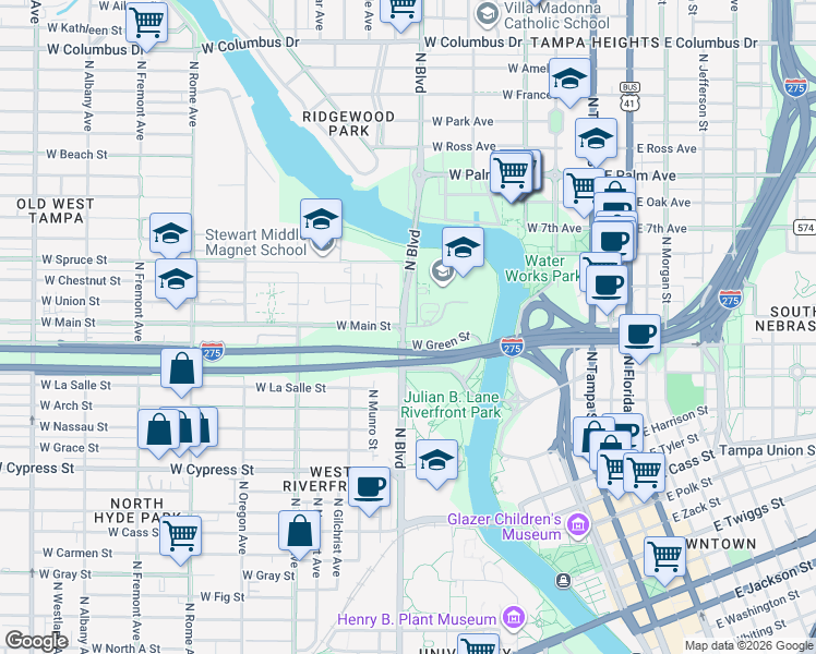 map of restaurants, bars, coffee shops, grocery stores, and more near 909 West Main Street in Tampa