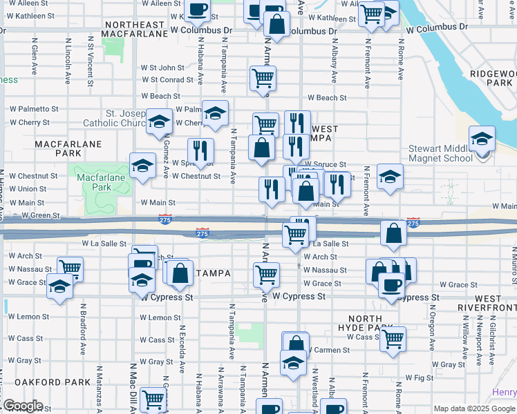 map of restaurants, bars, coffee shops, grocery stores, and more near 2502 West Main Street in Tampa