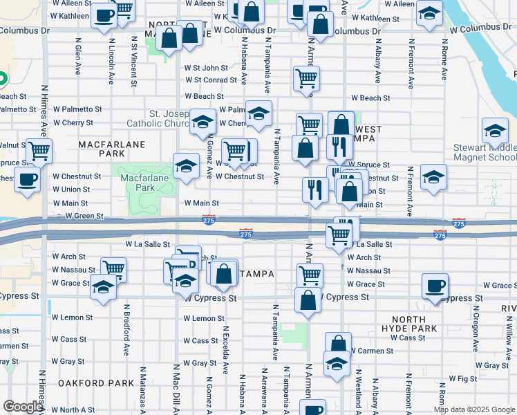map of restaurants, bars, coffee shops, grocery stores, and more near 2722 West Main Street in Tampa