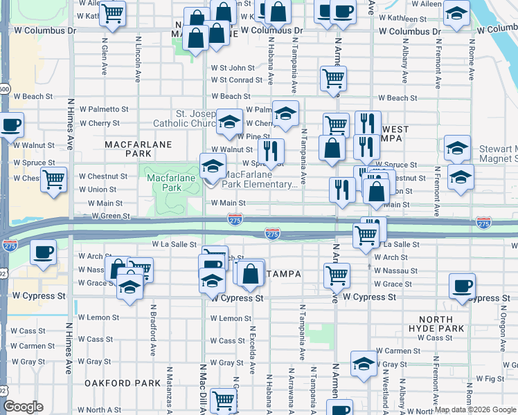 map of restaurants, bars, coffee shops, grocery stores, and more near 2906 West Main Street in Tampa