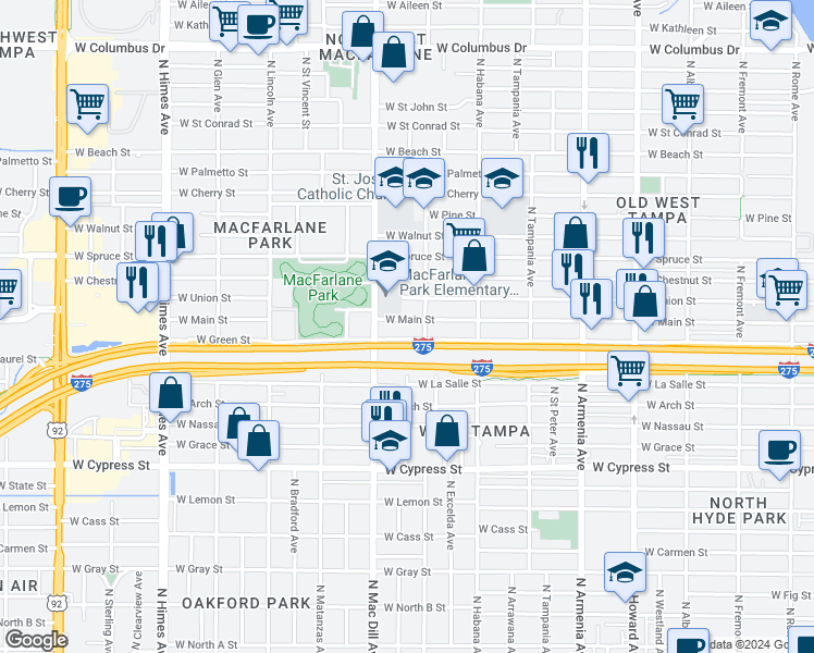 map of restaurants, bars, coffee shops, grocery stores, and more near 3024 West Main Street in Tampa
