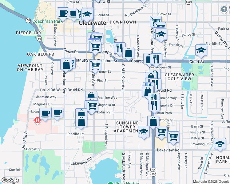 map of restaurants, bars, coffee shops, grocery stores, and more near 1007 Druid Road in Clearwater