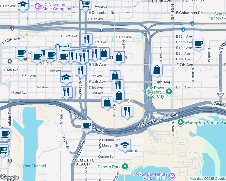 map of restaurants, bars, coffee shops, grocery stores, and more near 2501 East 3rd Avenue in Tampa