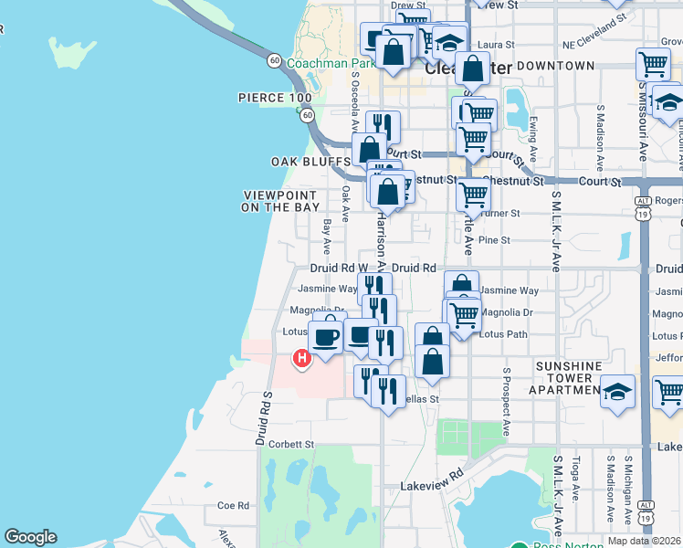 map of restaurants, bars, coffee shops, grocery stores, and more near 411 Druid Road West in Clearwater
