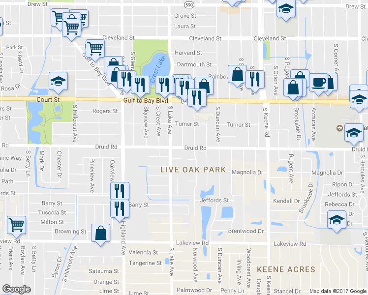 map of restaurants, bars, coffee shops, grocery stores, and more near 1623 Druid Road in Clearwater