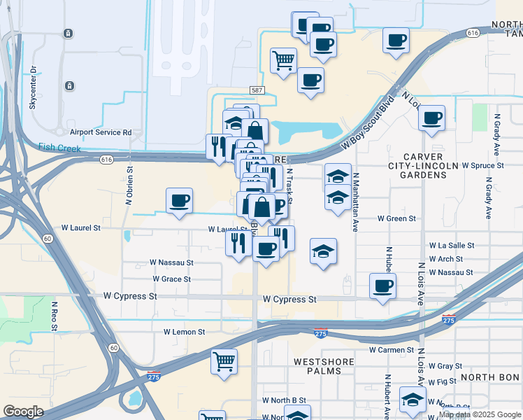 map of restaurants, bars, coffee shops, grocery stores, and more near 1701 County Road 587 in Tampa