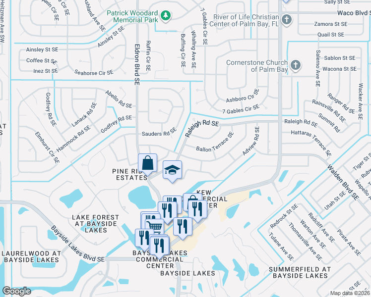 map of restaurants, bars, coffee shops, grocery stores, and more near 614 Ballon Terrace Southeast in Palm Bay