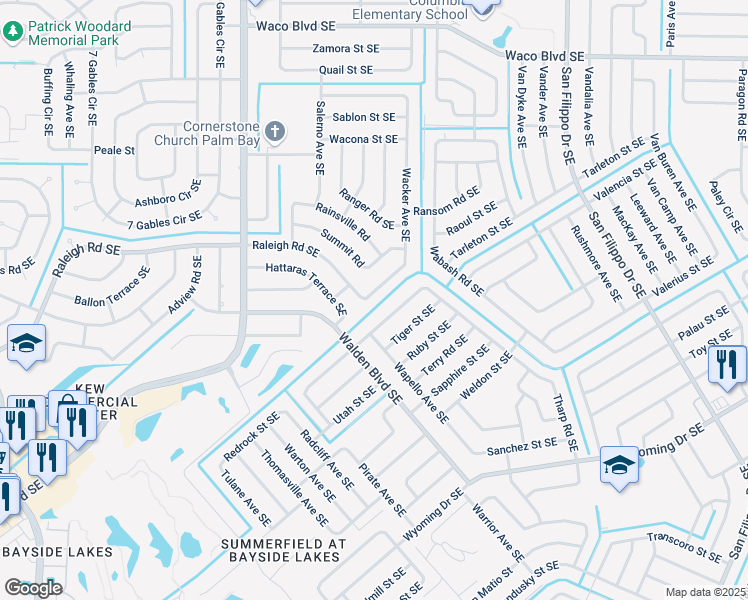 map of restaurants, bars, coffee shops, grocery stores, and more near 1685 Wacker Ave SE in Palm Bay