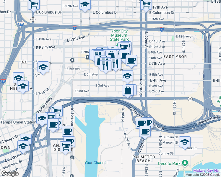 map of restaurants, bars, coffee shops, grocery stores, and more near 1717 East 3rd Avenue in Tampa