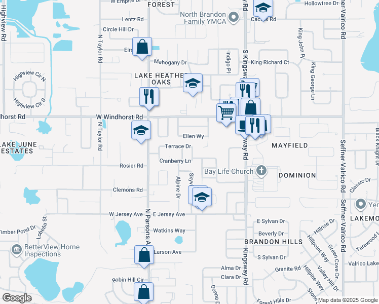 map of restaurants, bars, coffee shops, grocery stores, and more near 315 Terrace Drive in Brandon