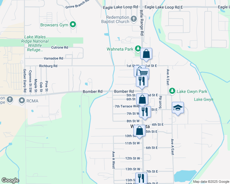 map of restaurants, bars, coffee shops, grocery stores, and more near 106 Bomber Road in Wahneta
