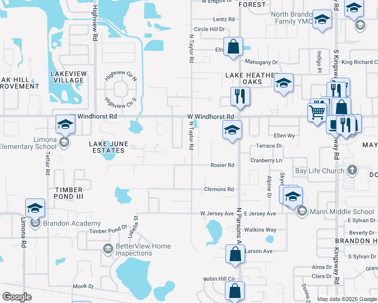 map of restaurants, bars, coffee shops, grocery stores, and more near 1108 North Taylor Road in Brandon