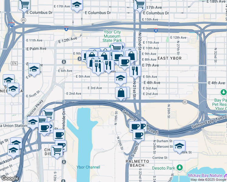 map of restaurants, bars, coffee shops, grocery stores, and more near 1302 North 19th Street in Tampa