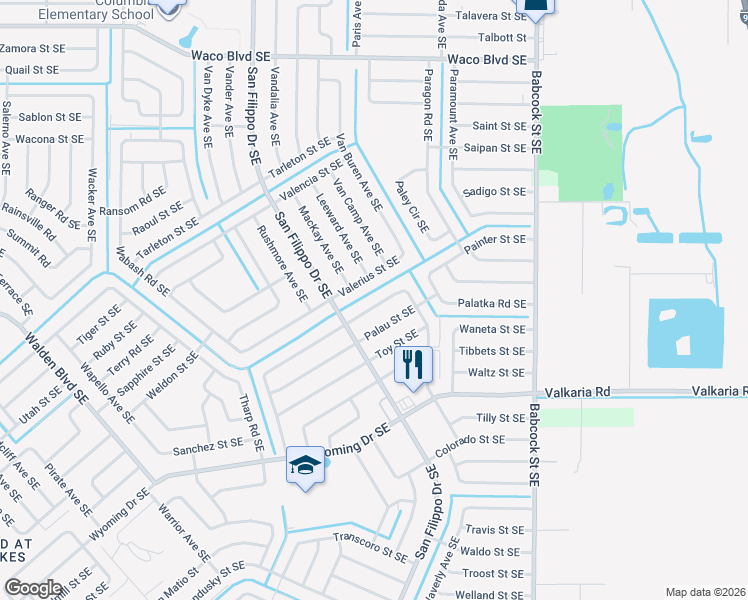 map of restaurants, bars, coffee shops, grocery stores, and more near 1451 Towton Street Southeast in Palm Bay