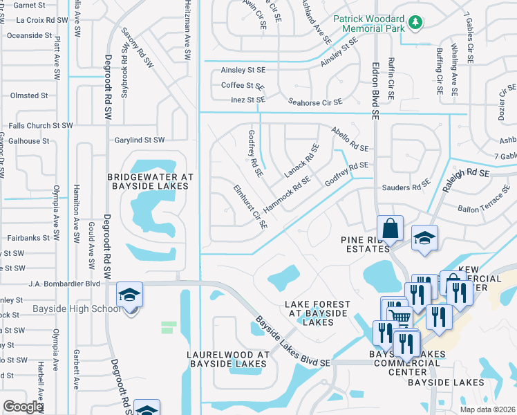map of restaurants, bars, coffee shops, grocery stores, and more near 1631 Elmhurst Circle Southeast in Palm Bay