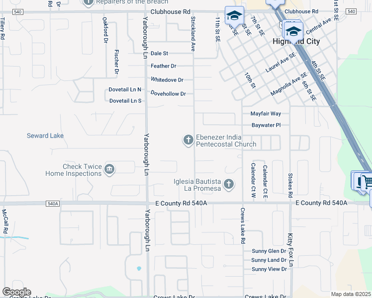 map of restaurants, bars, coffee shops, grocery stores, and more near 5935 Strickland Avenue in Lakeland