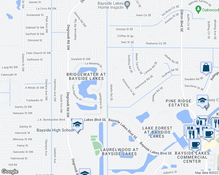 map of restaurants, bars, coffee shops, grocery stores, and more near 143 Abello Road Southeast in Palm Bay