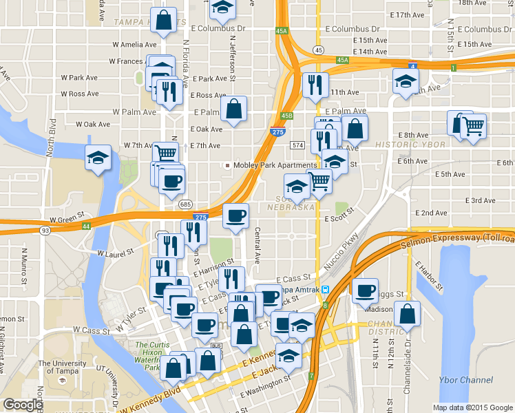 map of restaurants, bars, coffee shops, grocery stores, and more near 607 East Kay Street in Tampa