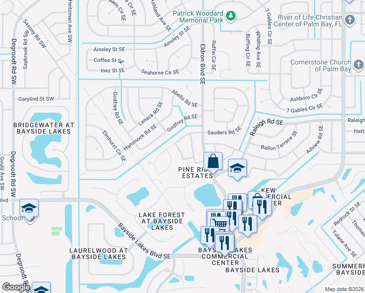 map of restaurants, bars, coffee shops, grocery stores, and more near 1638 Falk Terrace Southeast in Palm Bay
