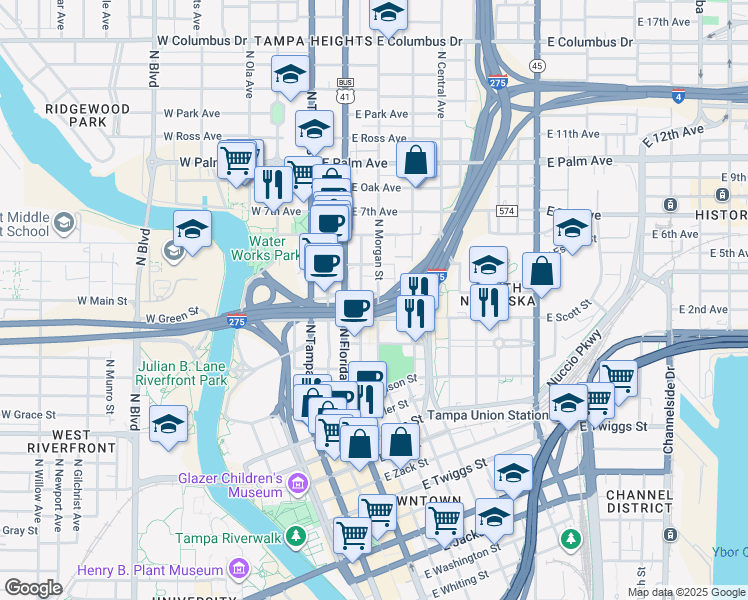 map of restaurants, bars, coffee shops, grocery stores, and more near 1414 North Morgan Street in Tampa