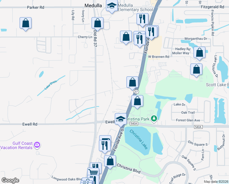 map of restaurants, bars, coffee shops, grocery stores, and more near 832 White Lane in Lakeland