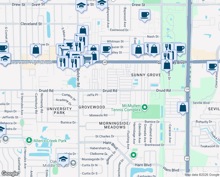 map of restaurants, bars, coffee shops, grocery stores, and more near 1106 11th Street in Clearwater