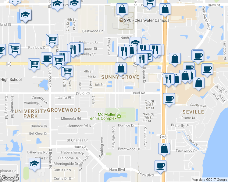 map of restaurants, bars, coffee shops, grocery stores, and more near 720 Edenville Avenue in Clearwater