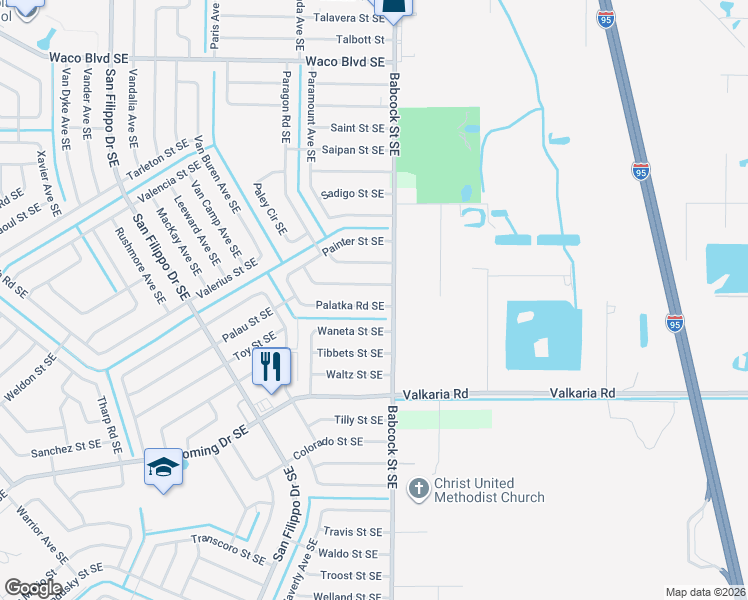 map of restaurants, bars, coffee shops, grocery stores, and more near 1687 Palatka Road Southeast in Palm Bay