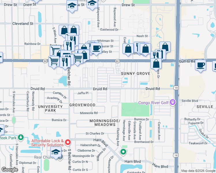 map of restaurants, bars, coffee shops, grocery stores, and more near 3rd Street in Clearwater