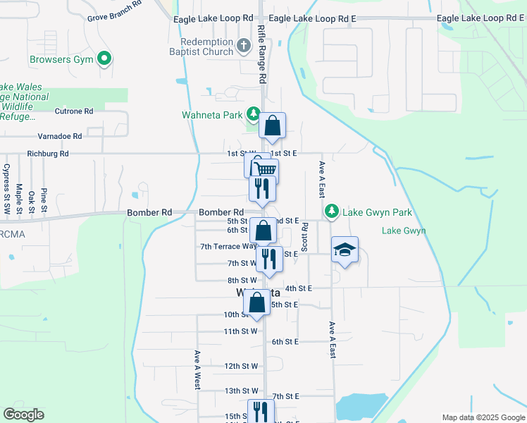 map of restaurants, bars, coffee shops, grocery stores, and more near Bomber Rd & S Rifle Range Rd in Wahneta