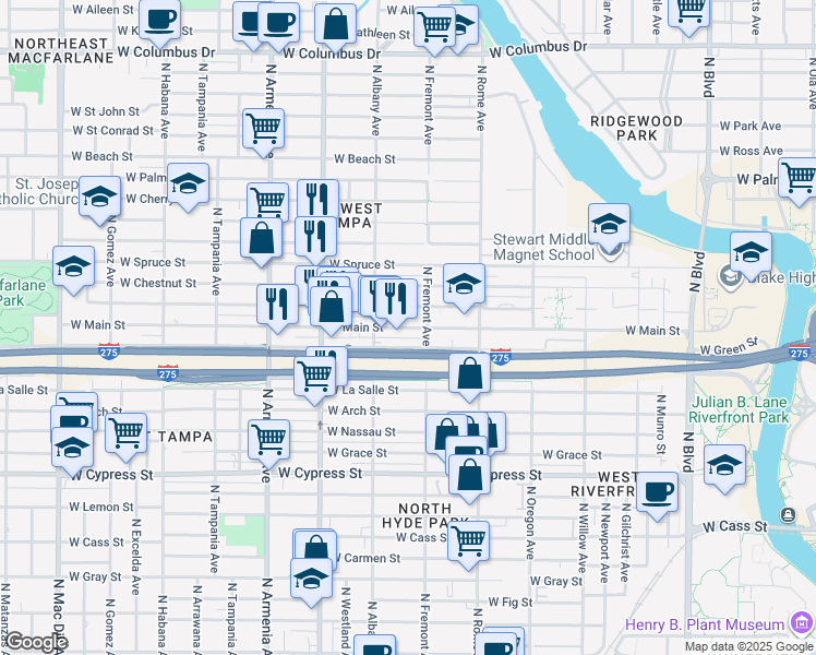 map of restaurants, bars, coffee shops, grocery stores, and more near 1904 West Main Street in Tampa
