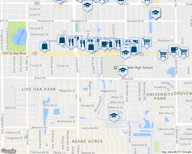 map of restaurants, bars, coffee shops, grocery stores, and more near 1860 Druid Road in Clearwater