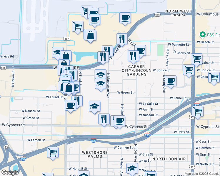 map of restaurants, bars, coffee shops, grocery stores, and more near 1607 North Manhattan Avenue in Tampa