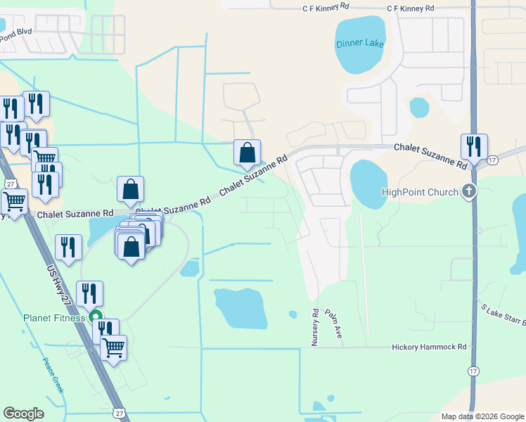 map of restaurants, bars, coffee shops, grocery stores, and more near 845 Kris Kros Lane in Lake Wales