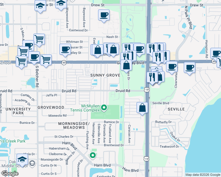 map of restaurants, bars, coffee shops, grocery stores, and more near 2452 Druid Road in Clearwater