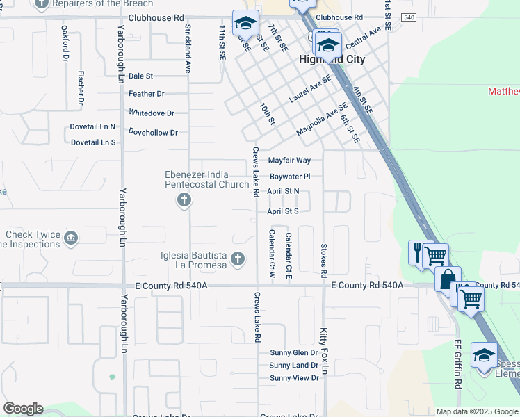 map of restaurants, bars, coffee shops, grocery stores, and more near 5930 Crews Lake Road in Lakeland