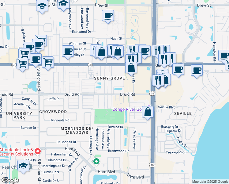 map of restaurants, bars, coffee shops, grocery stores, and more near 2452 Druid Road in Clearwater