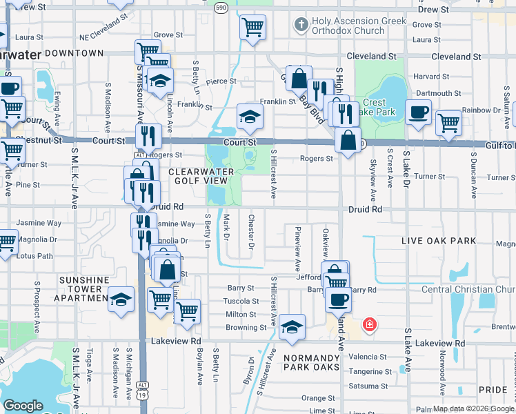 map of restaurants, bars, coffee shops, grocery stores, and more near 803 Chester Drive in Clearwater
