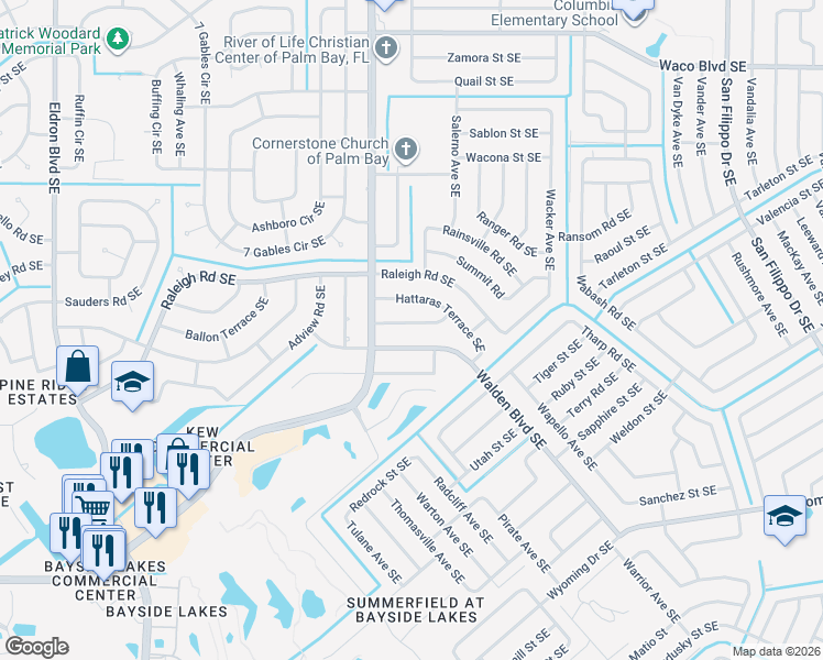 map of restaurants, bars, coffee shops, grocery stores, and more near 930 Grainger Street Southeast in Palm Bay