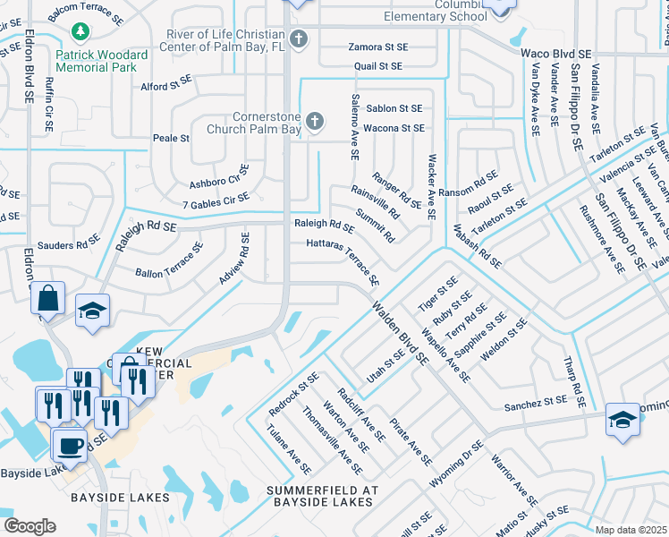 map of restaurants, bars, coffee shops, grocery stores, and more near 978 Grainger Street Southeast in Palm Bay