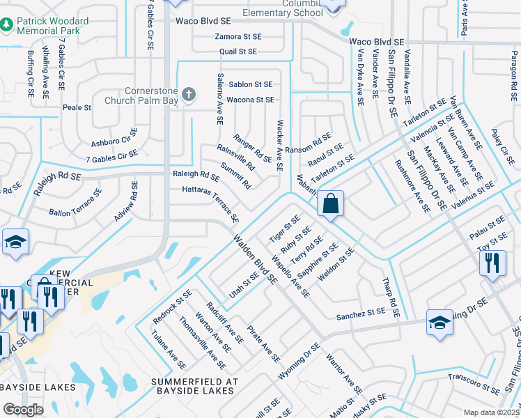 map of restaurants, bars, coffee shops, grocery stores, and more near 1685 Wacker Avenue Southeast in Palm Bay