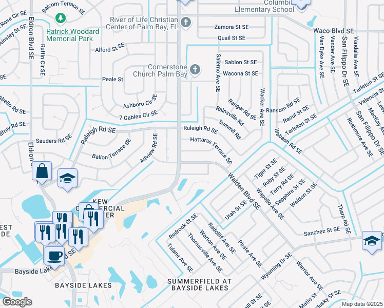 map of restaurants, bars, coffee shops, grocery stores, and more near 930 Grainger Street Southeast in Palm Bay