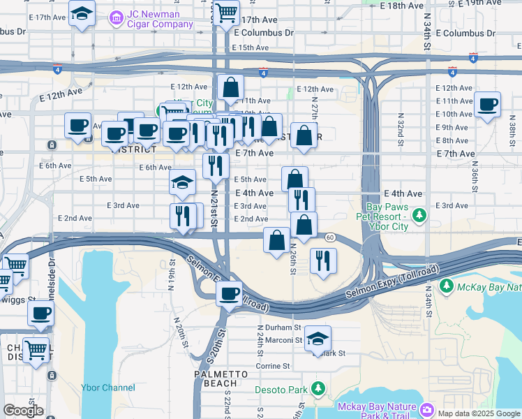 map of restaurants, bars, coffee shops, grocery stores, and more near 1304 North 24th Street in Tampa