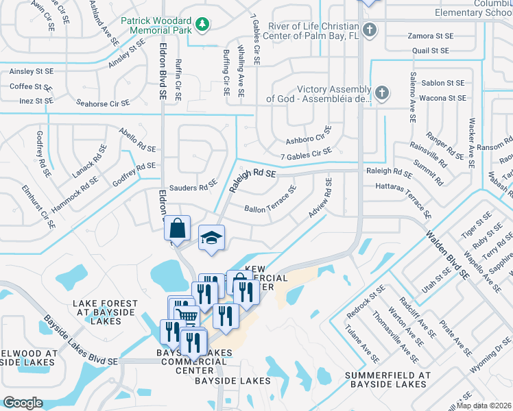 map of restaurants, bars, coffee shops, grocery stores, and more near 685 Ballon Terrace Southeast in Palm Bay
