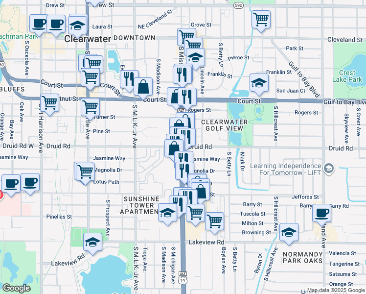 map of restaurants, bars, coffee shops, grocery stores, and more near S Missouri Ave & Druid Rd in Clearwater