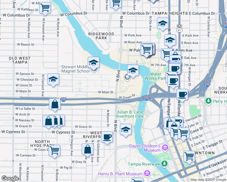 map of restaurants, bars, coffee shops, grocery stores, and more near 909 West Main Street in Tampa