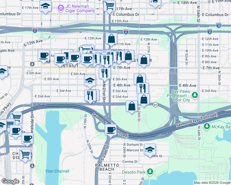 map of restaurants, bars, coffee shops, grocery stores, and more near 2211 East 3rd Avenue in Tampa
