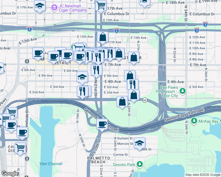 map of restaurants, bars, coffee shops, grocery stores, and more near 2211 East 3rd Avenue in Tampa