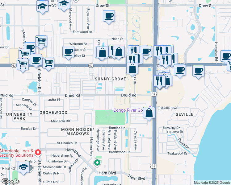 map of restaurants, bars, coffee shops, grocery stores, and more near 2452 Druid Road in Clearwater